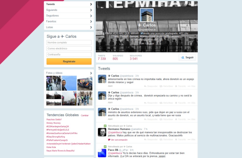 Una captura de pantalla de la cuenta de twitter del supuesto controlador aéreo español en Ucrania